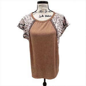 Taupe Short Sleeve Top with Leopard Print and embroidered Accents